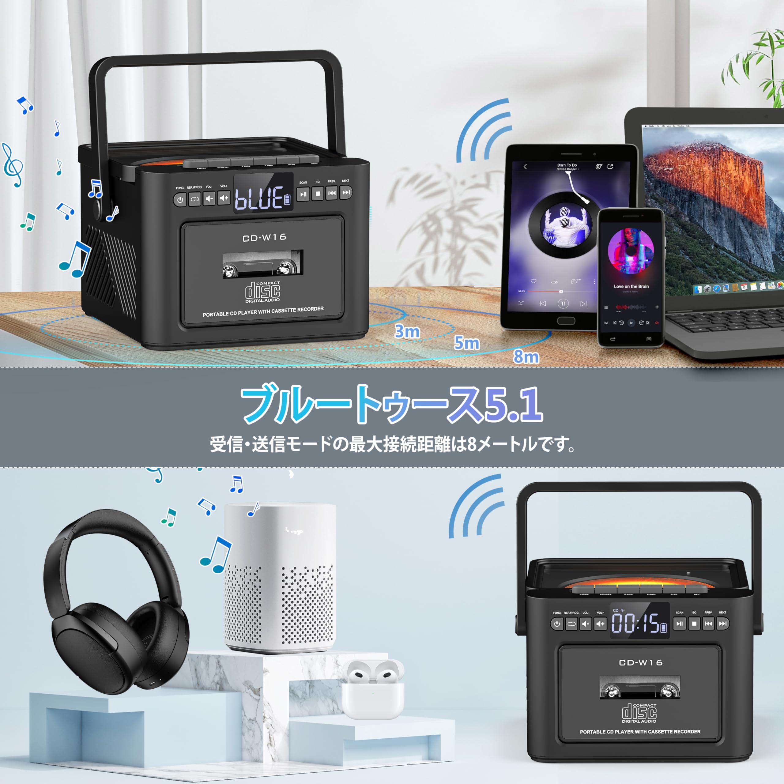 Amazon.co.jp: Greadio 2025 多機能CDラジカセ 5000mAhバッテリー 充電